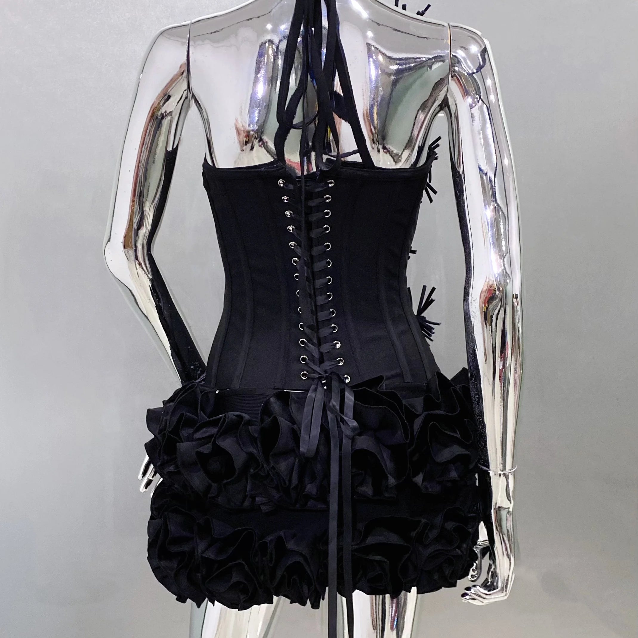 Black Red Women Sexy Strapless Laced-up Tops 2 Pieces Florals Bodycon Mini Bandage Dress Celebrate Nightclub Party Stage Wear