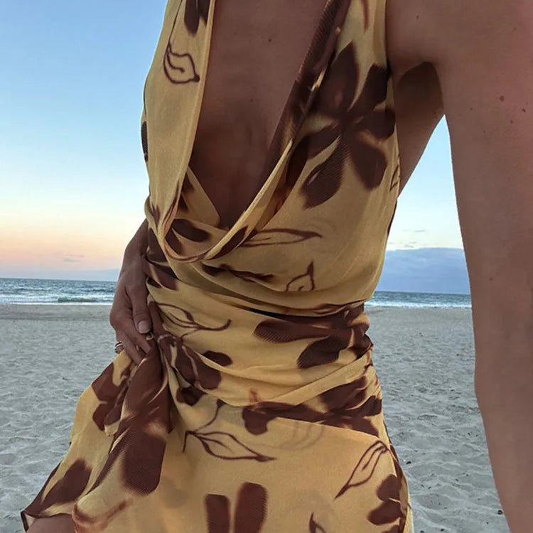 Mozision Halter Print Sexy Mini Dress For Women Robe Elegant Deep V Neck Sleeveless Backless Ruffled High Waist Beach Dress Yellow