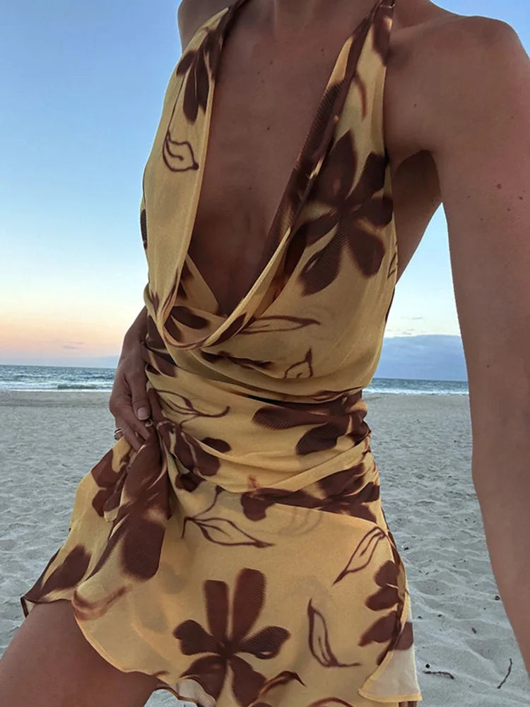 Mozision Halter Print Sexy Mini Dress For Women Robe Elegant Deep V Neck Sleeveless Backless Ruffled High Waist Beach Dress Yellow