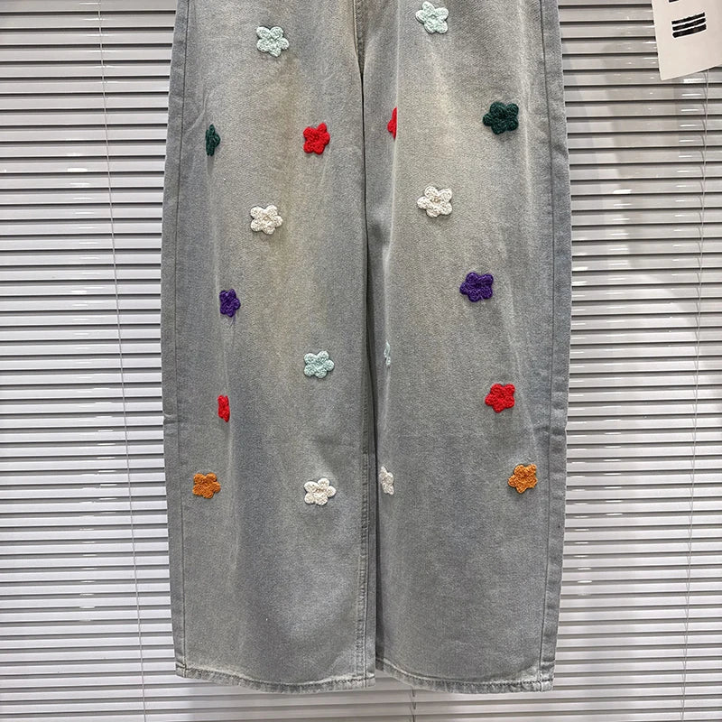 Autumn Winter New Fashion Rhinestone Pocket Knitted Flower Decoration Wide-Leg Jeans For Women Straight Pants 11A07801