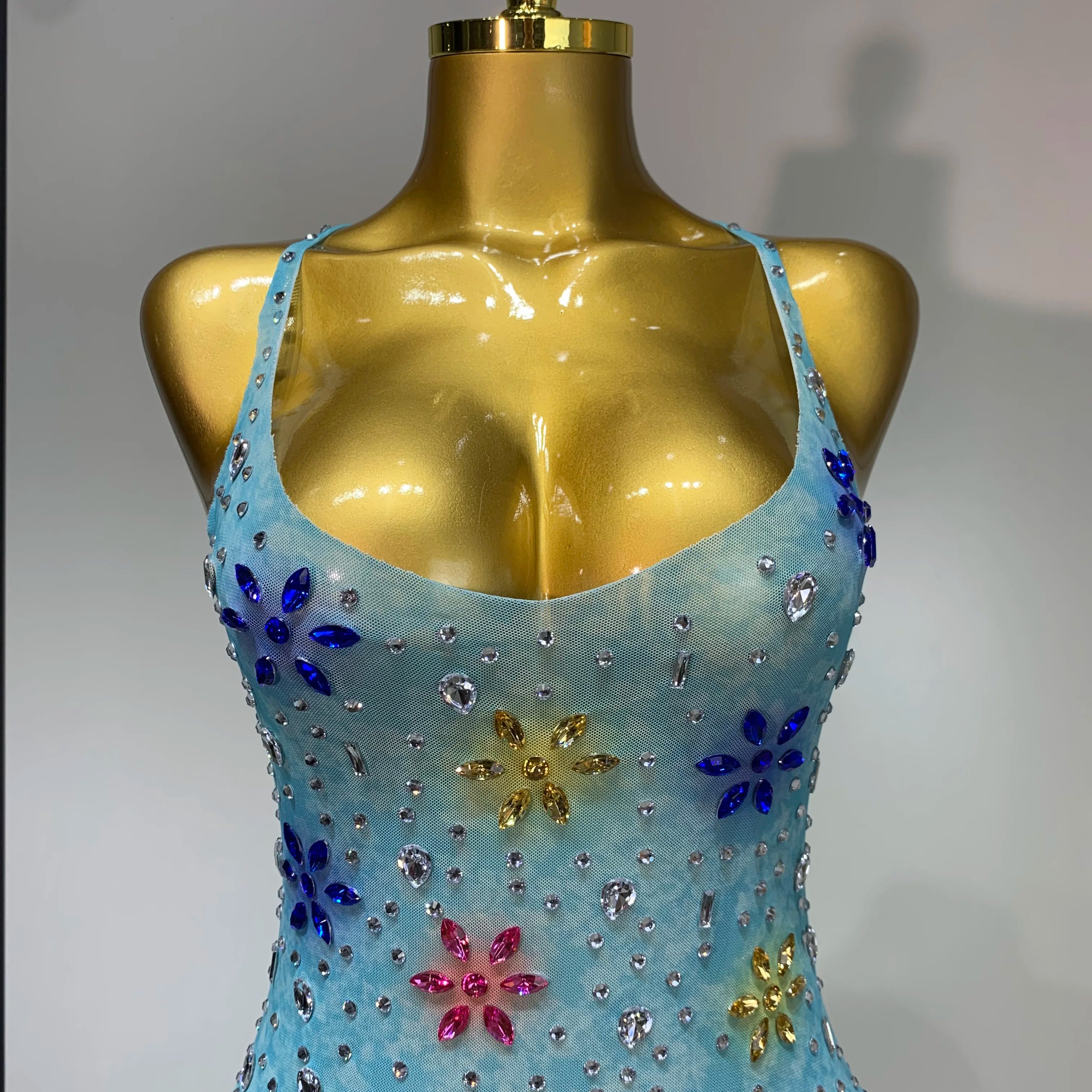 2025 Newest Sexy Mesh High Split Sparkly Diamonds See Through Dress Luxury Birthday Dress Women Celebrate Party Stage Outfit