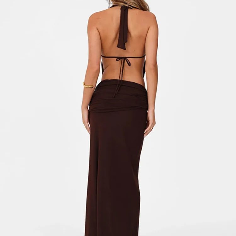 Mozision Hollow Out Lace-up Sexy Skirt 2 Piece Sets Women Brown Halter Crop Tops And Maxi Skirt Female Skinny Sexy Two Piece Set