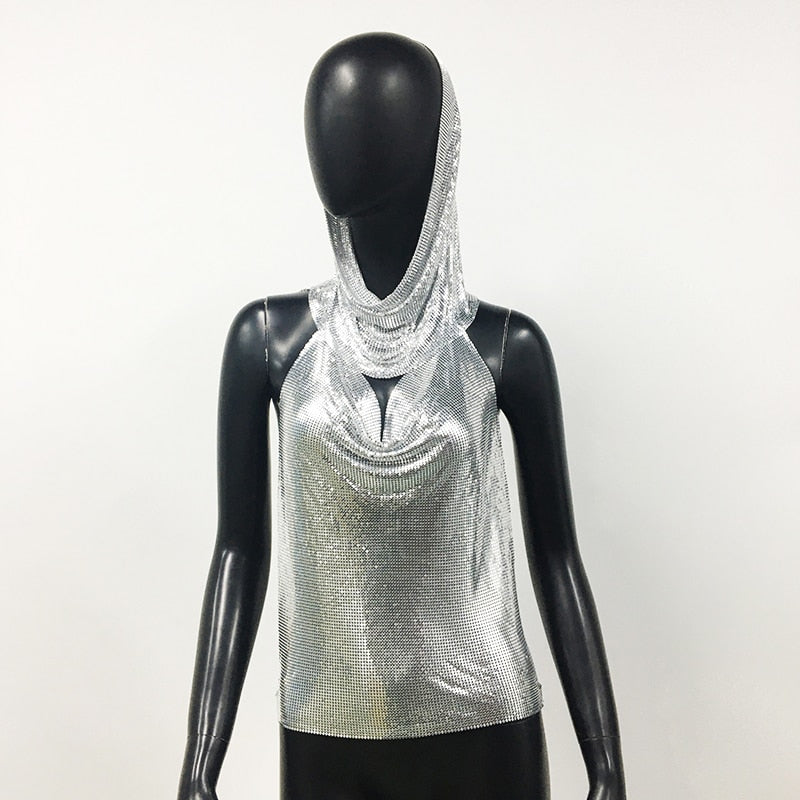 Women Metal Sequins Tank Top With Turban 2 Piece Sexy V Neck Backless Suspender Top Rave Festival Party Nightclub Camisole Silver One Size