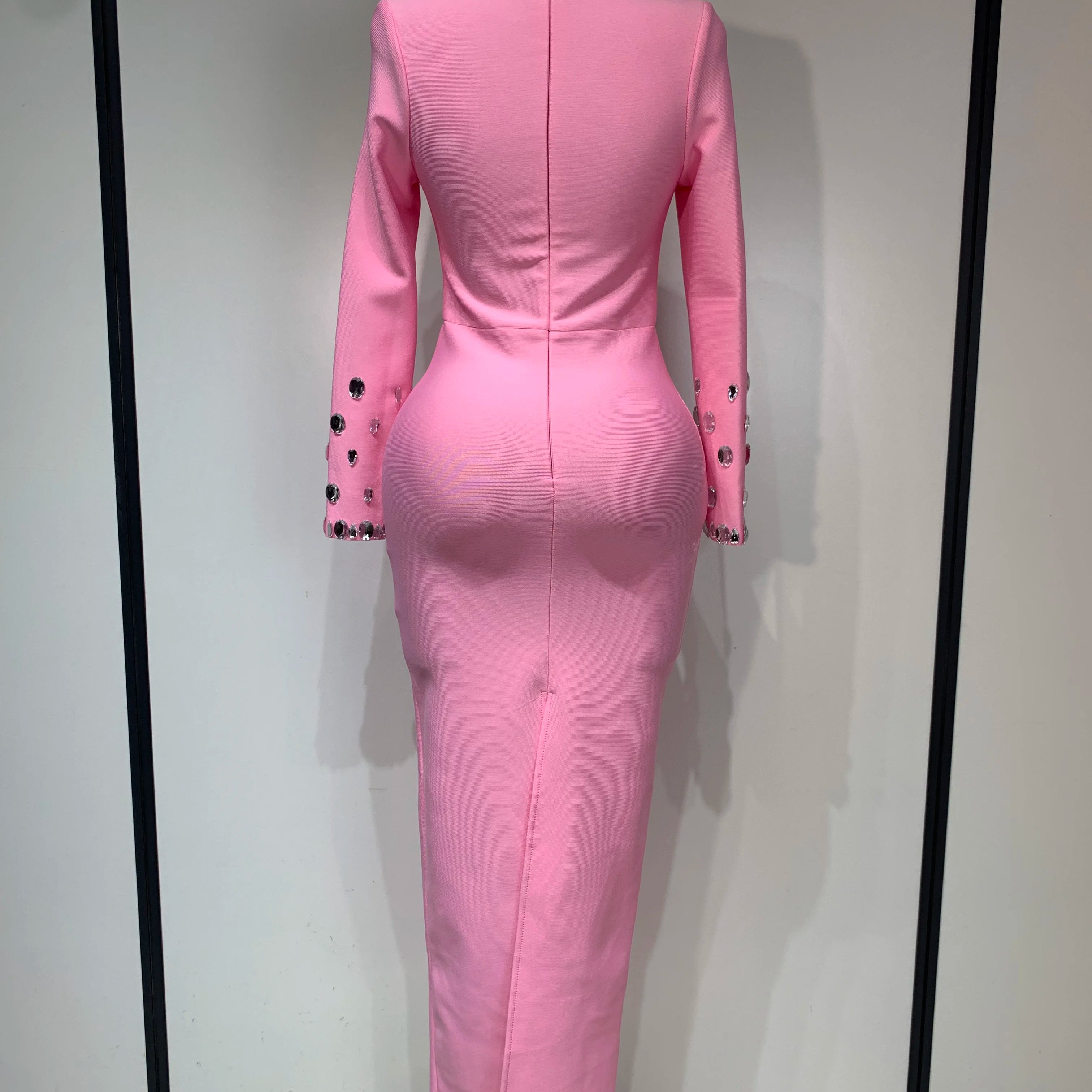 2025 Luxury Birthday Dresses Diamond Long Sleeve Pink Bodycon Bandage Dress Women Wedding Evening Prom Gowns