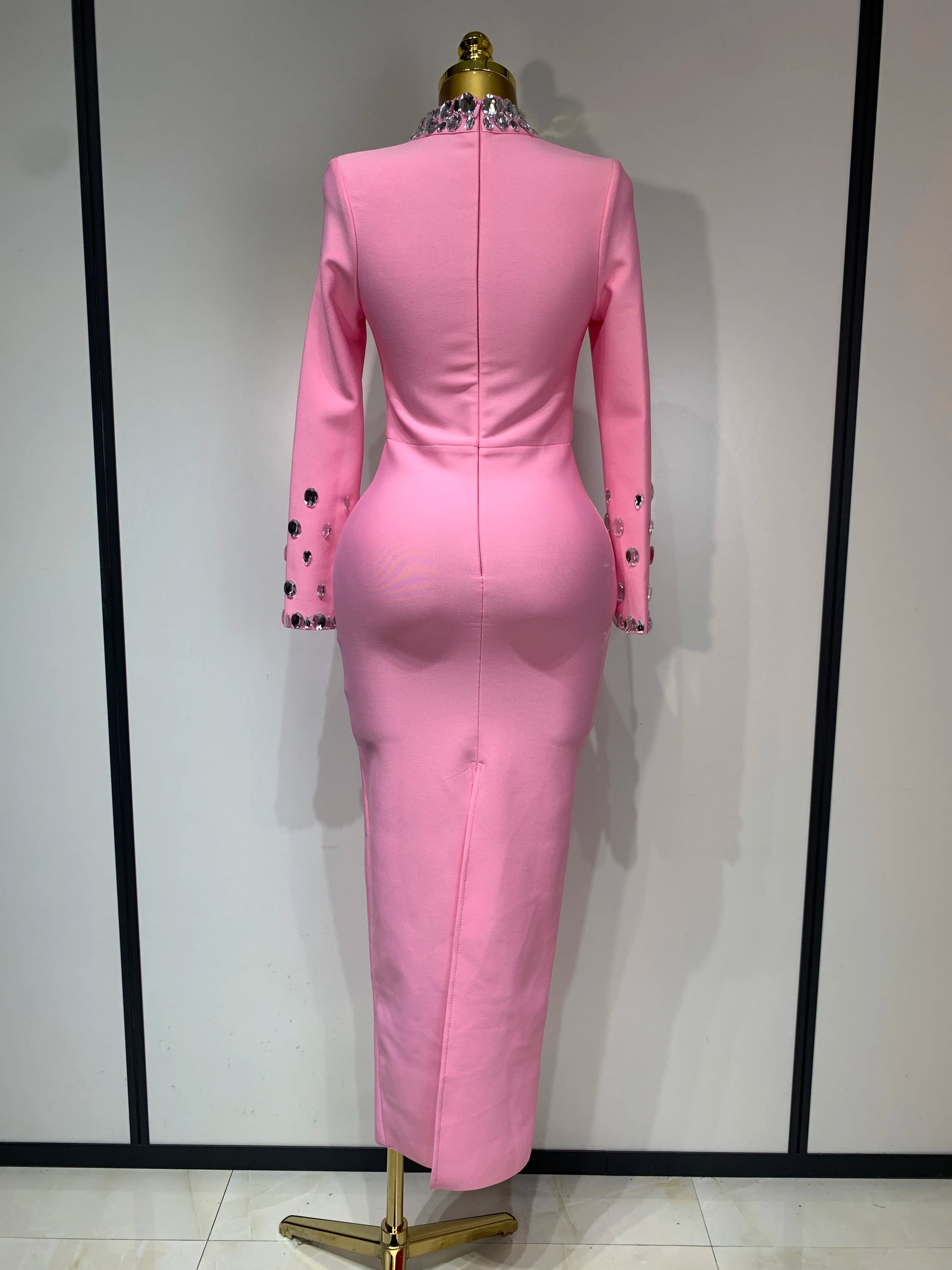 2025 Luxury Birthday Dresses Diamond Long Sleeve Pink Bodycon Bandage Dress Women Wedding Evening Prom Gowns