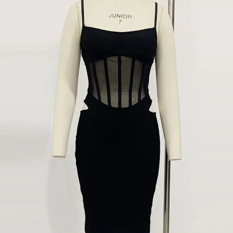 Ailigou New Summer Women's Sexy Sleeveless Tight Fit Midi Bandage Dress with Hollow Lace Elegant Celebrity Party Club Dress