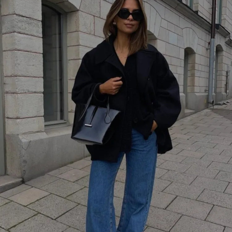 Women Fashion Wool Lapel Coats Vintage Cape Sleeve Casual Single Breasted Pockets Jackets Autumn Winter Female Chic Streetwear