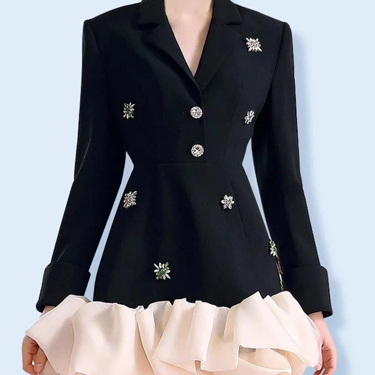 Colorblock Patchwork Diamonds Elegant Dresses For Women V Neck Long Sleeve High Waist Spliced Organza Dress Female BLACK