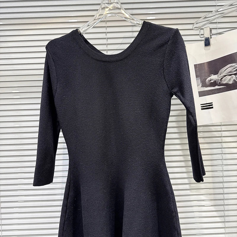 Winter New Elegant Fashion Back Rhinestone Tie Waist Design Knitted Dress For Women Slim Fit Black Dresses 11A07899