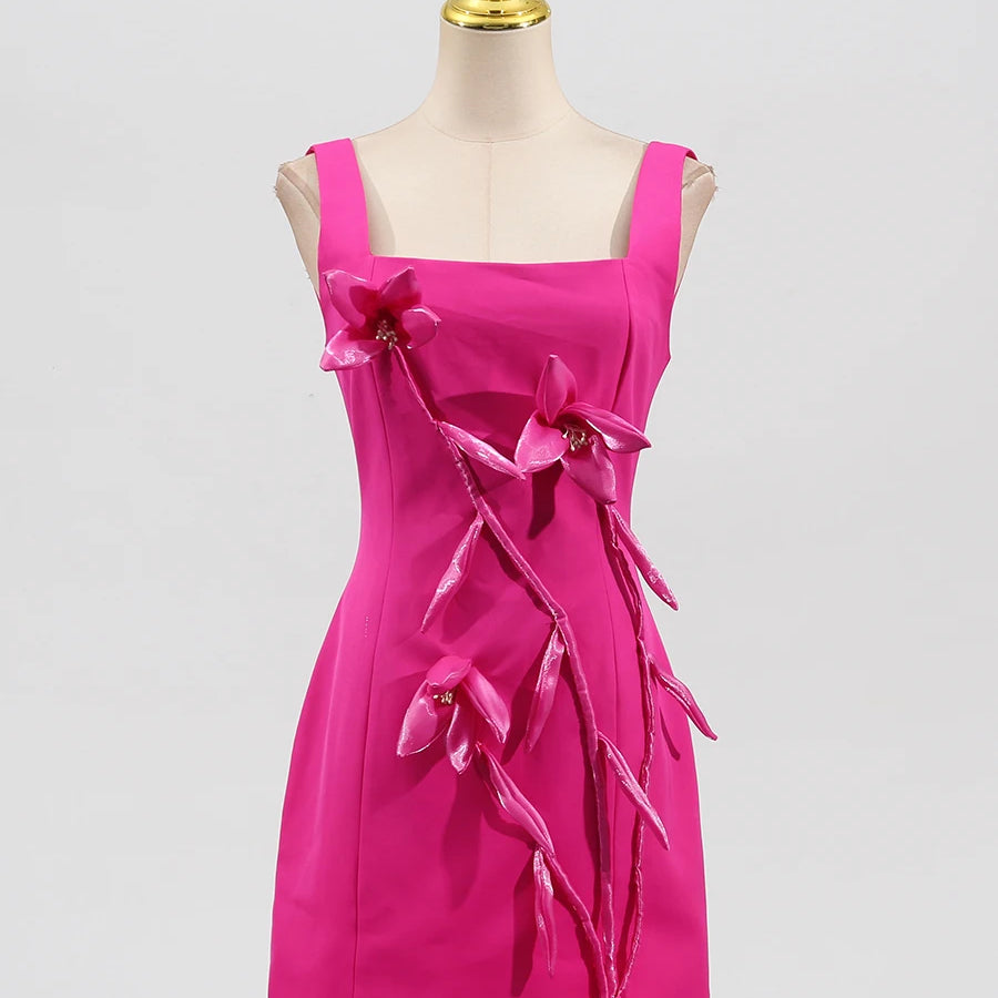 Rose Slimming Spliced 3D Flower Mini Elegant Dresses for Women Square Neck Sleeveless Dress Female Fashion Clothing ROSE