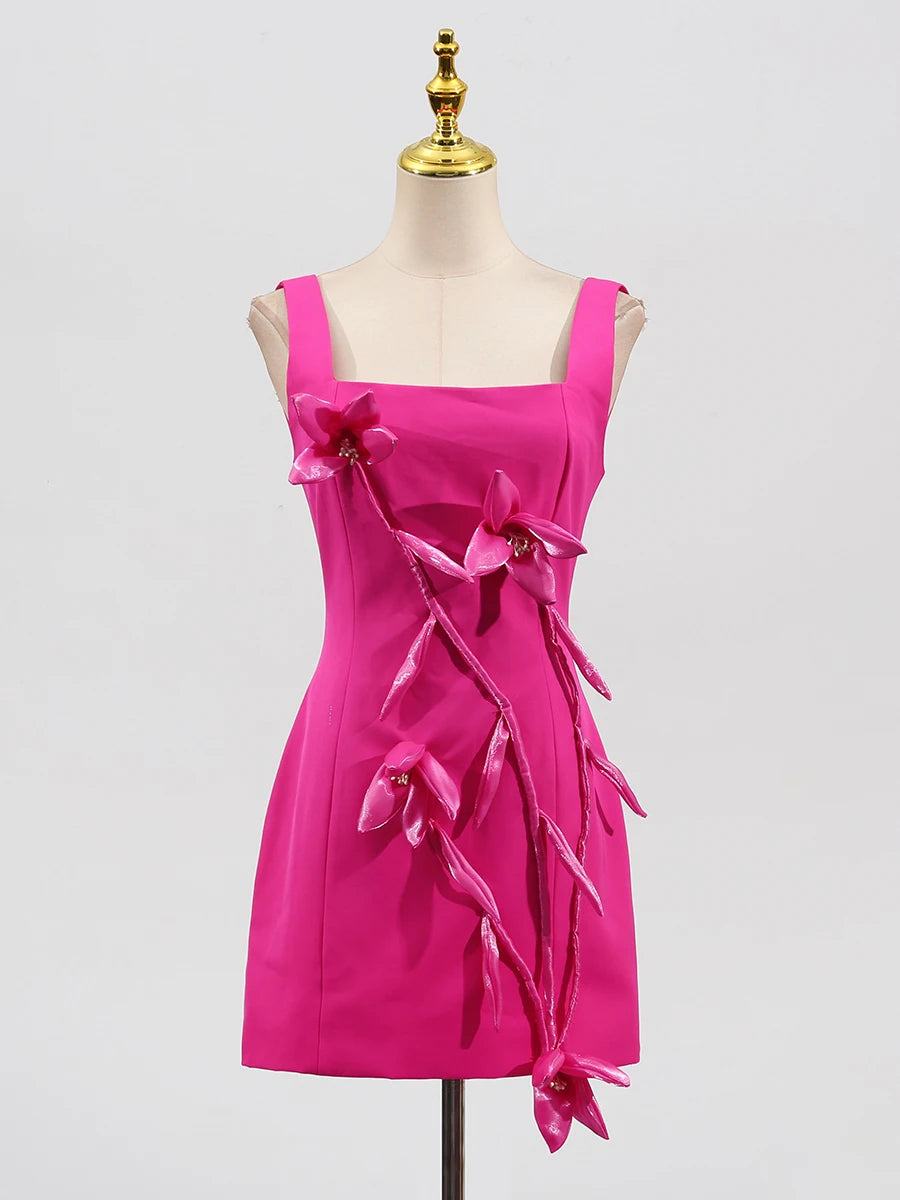 Rose Slimming Spliced 3D Flower Mini Elegant Dresses for Women Square Neck Sleeveless Dress Female Fashion Clothing ROSE