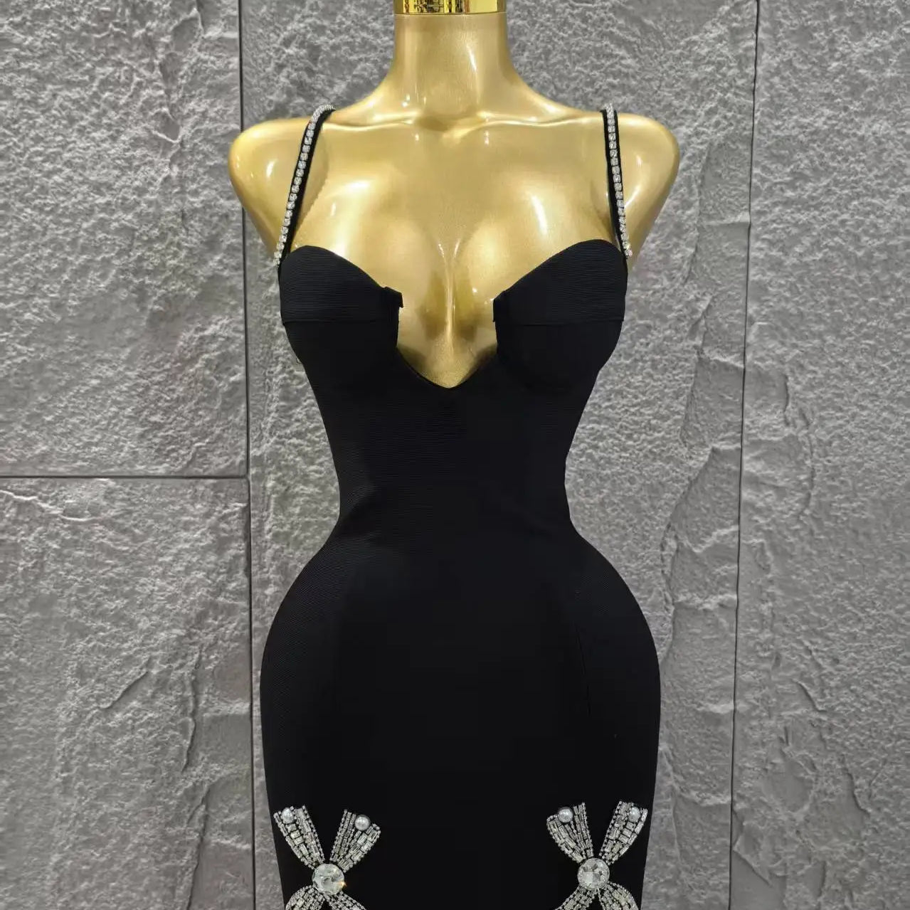 Hot Sale Women Sleeveless Sexy Strap Shinning Diamond Bodycon Mini Bandage Dress Nightclub Party Celebrate Bar Singer Outfit black