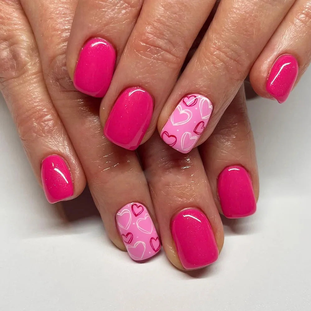 24Pcs French Pink Press on Nails Short Square Head Fake Nails with Flower Rhinestone Design Wearable Finished False Nail Tips 515