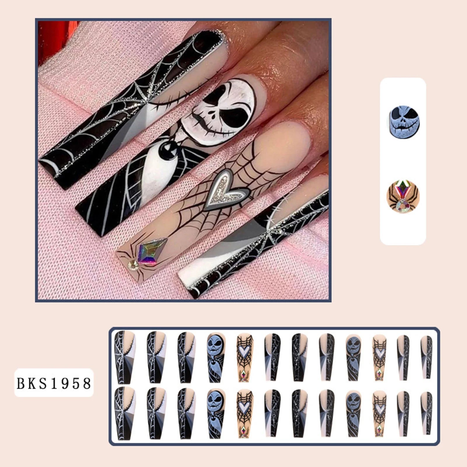 24pcs Scary Blood Skull Fake Nails Long Coffin Ballet Halloween Spider Web Print False Nails Wearable European Press on Nails 1