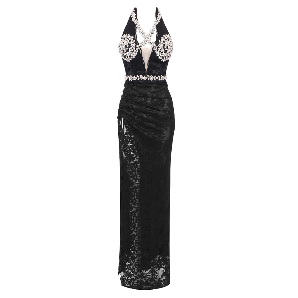 Black Lace Appliques Long Dress for Women Rhinestones Halter High Slit Diamonds Sleeveless Trumpet Cocktail Evening Gown black