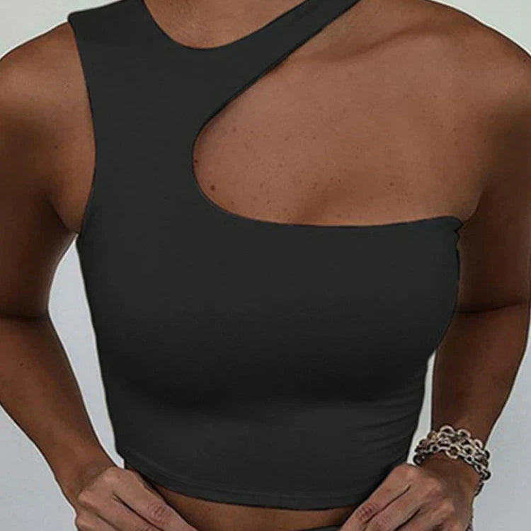 Cut Out Sexy Crop Off Shoulder Solid Skinny Sport Short Tops Women Tank Irregular Summer Tube Tops black