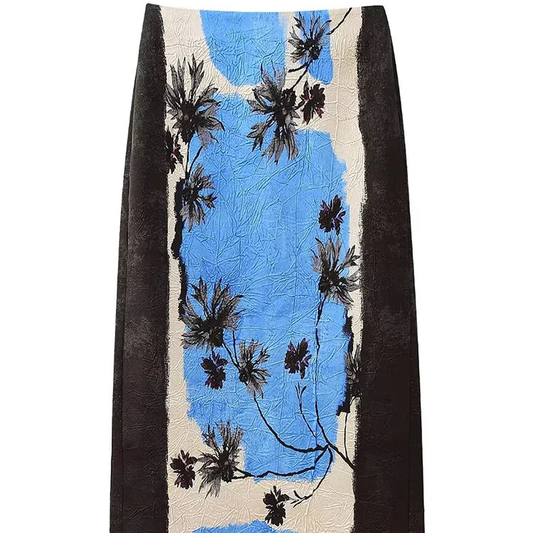 TRAFZA Summer New Fashion Holiday Printed Midi Long Skirt Zipper High Waist A Line Straight Skirts Vent Back Female Y2K