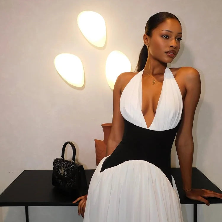 Elegant Contrasting Woman Long Dresses New Summer Sexy V Neck High Waist A-line Midi Vestidos Lady Evening Sleeveless Club Robes