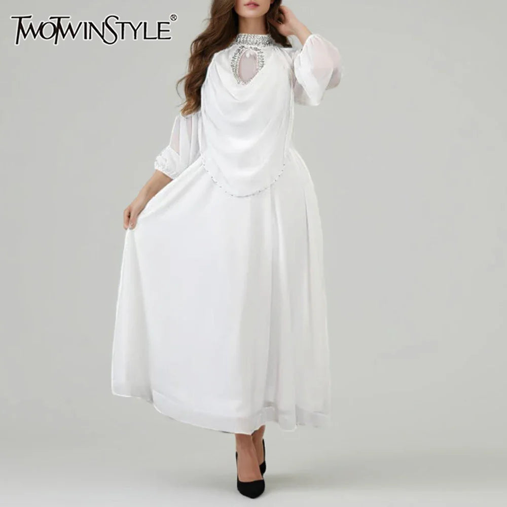 Solid Loose Sheer Spliced Bead Elegant Dresses for Women High Neck Long Sleeves Patchwork Folds Dress Female New