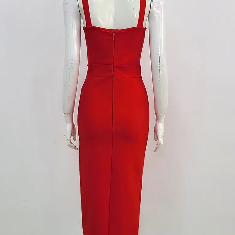 Ailigou Brand New Red Chain Sleeveless V-Neck Tight Midi Bandage Dress Tights Celebrity Club Party Dress Vesidos