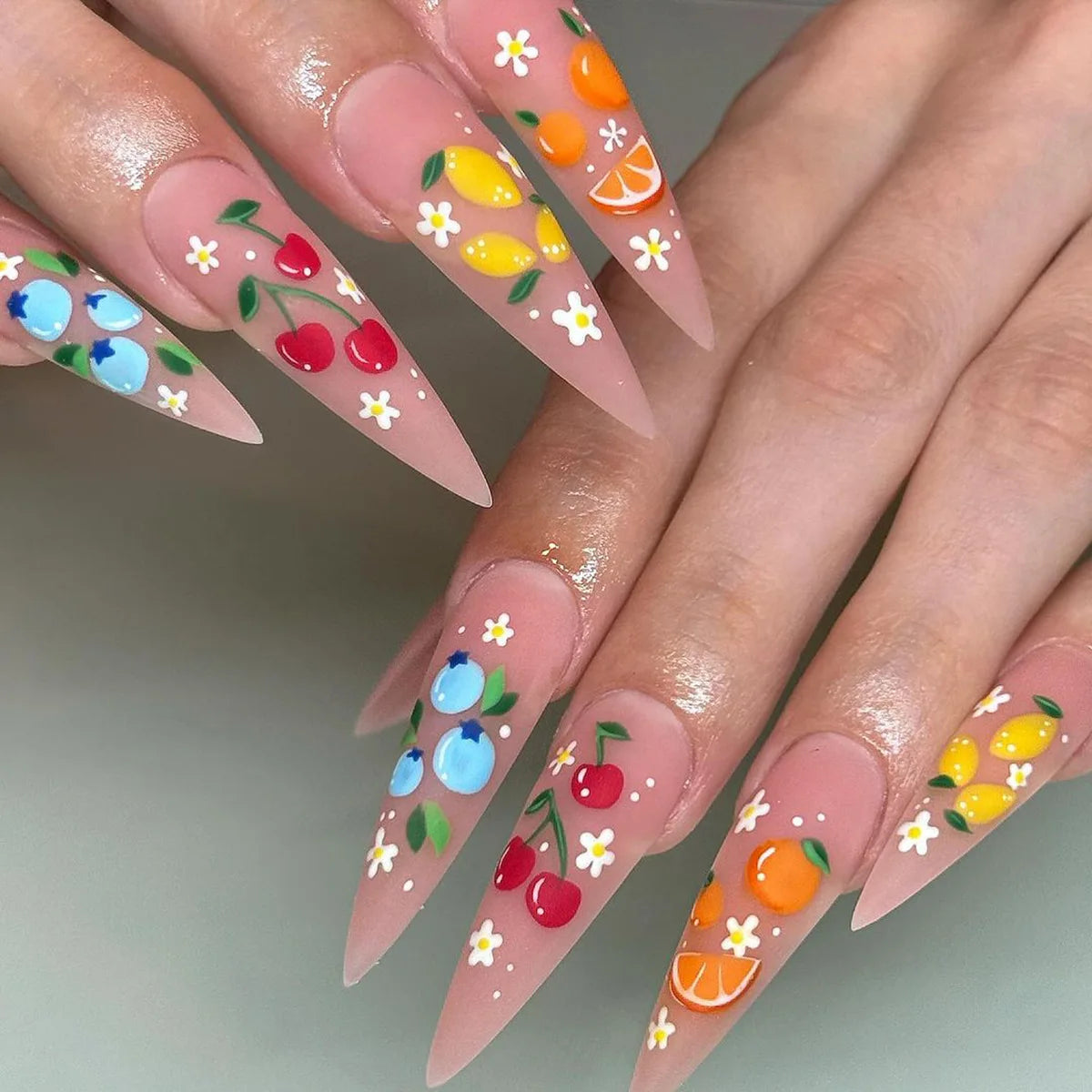 24pcs Pink Frosted Sweet False Nails Colorful Fruit Printed Long Stiletto Press On Nails Full Cover Charming Dopamine Fake Nail Y1