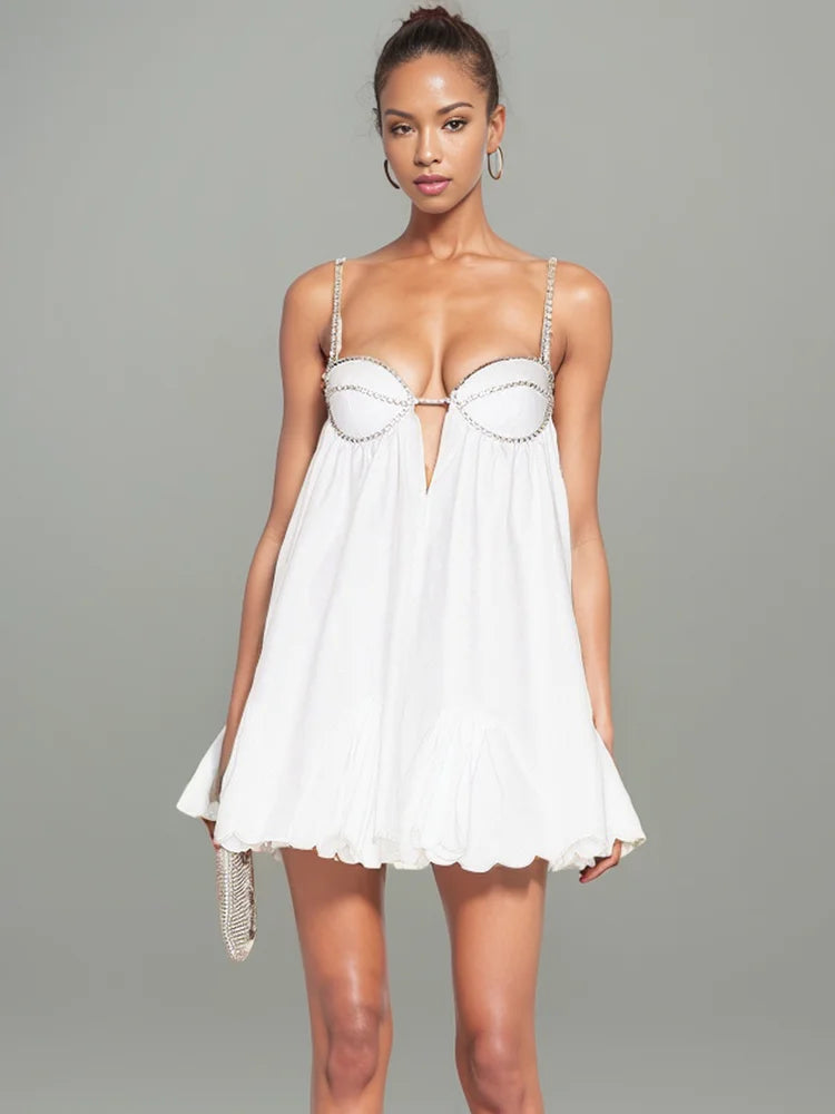 DEAT New Trendy Women's Diamonds Chain Pleated Sling Dress Spring Fashion Off-shoulder Sleeveless Dresses Female 33A1209 White