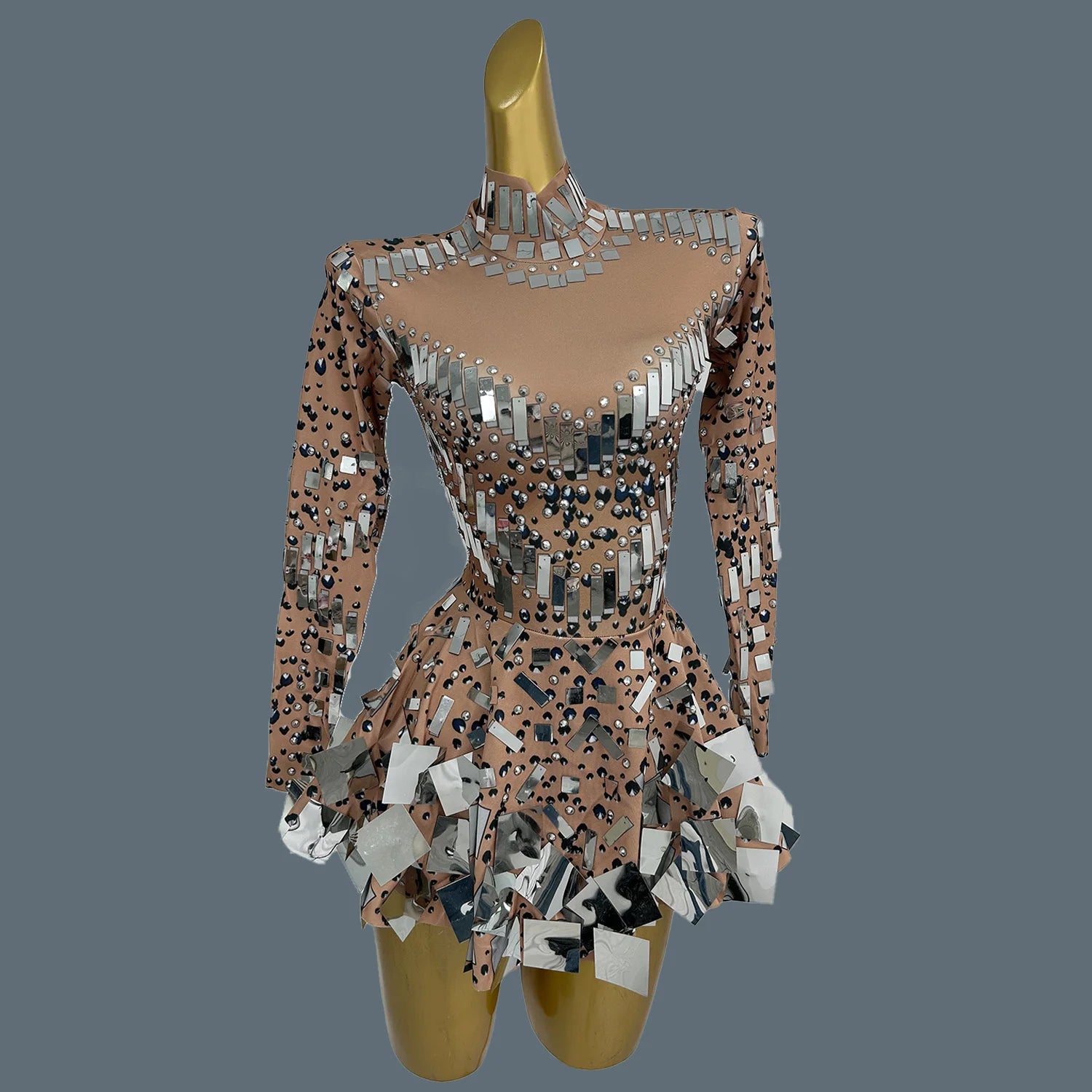 Fancy Sequins Pleated Mini Dress for Hot Girls Bar Nightclub Stage Show Outfit Dance Performance Wear Dance Troupe Outfit Xieshi Nude Silver One Size