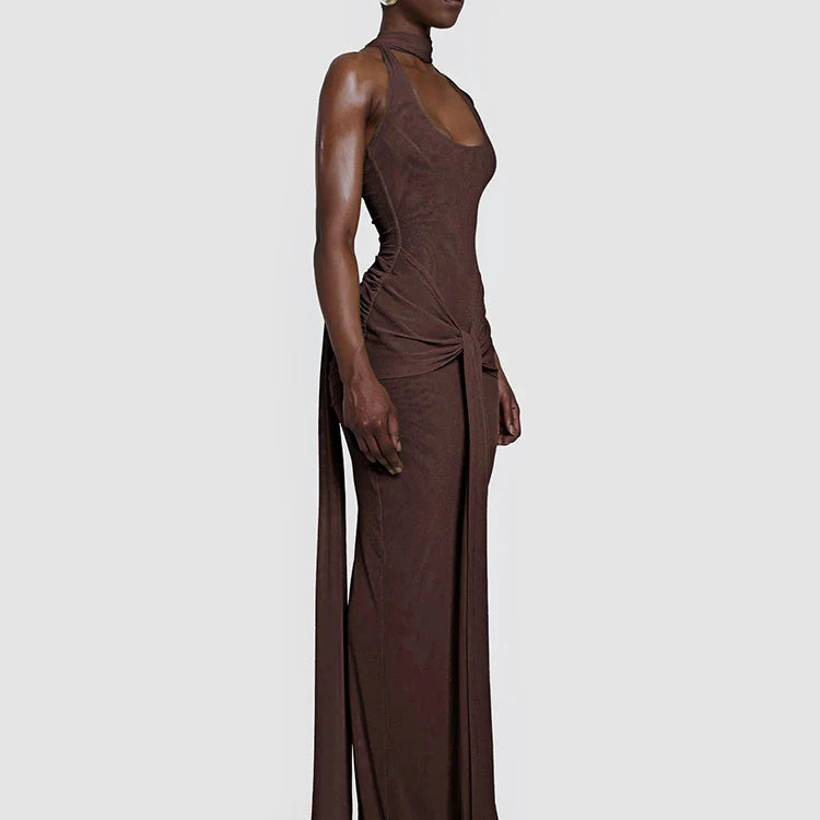 Sleek Modern Brown Halter Backless Maxi Dress with Waist Tie Drape Details for Party Evening Gown