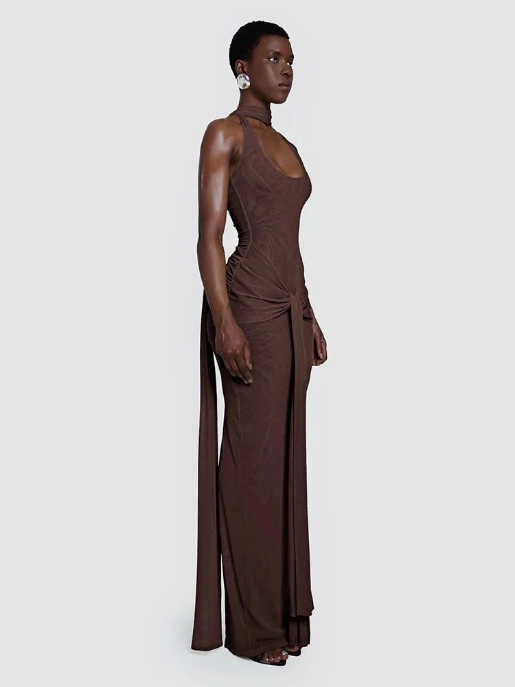 Sleek Modern Brown Halter Backless Maxi Dress with Waist Tie Drape Details for Party Evening Gown