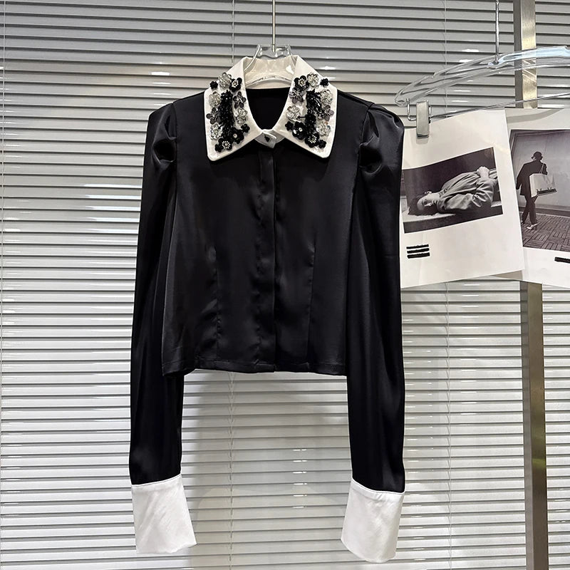 Winter New Elegant Fashion Sequin Embroidery Flower Collar Contrast Heavy Industry Shirt For Women Casual Top 11A07560 Black