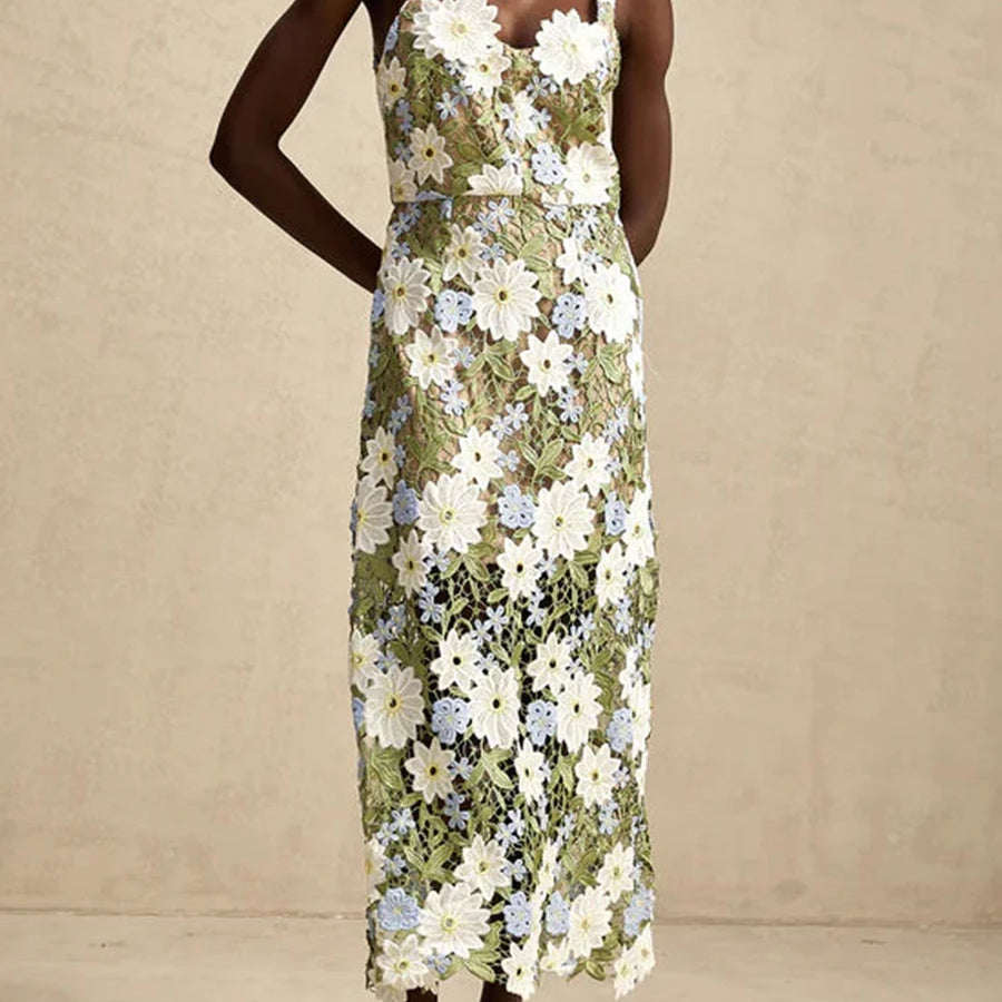 Colorblock Slimming Fashion Midi Dresses for Women Square Neck Sleeveless Patchwork Applique Dress Female Clothing