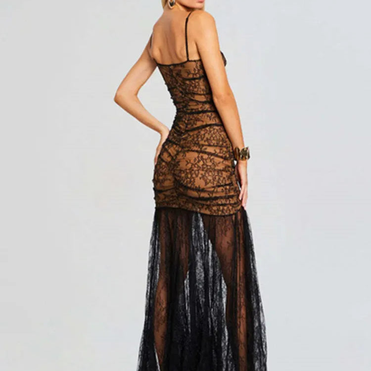 Women Celebrity Sexy Sleeveless Black Mesh Ruched Black Lace Maxi Long Gowns Dress 2024 Elegant Evening Party Club Vestido