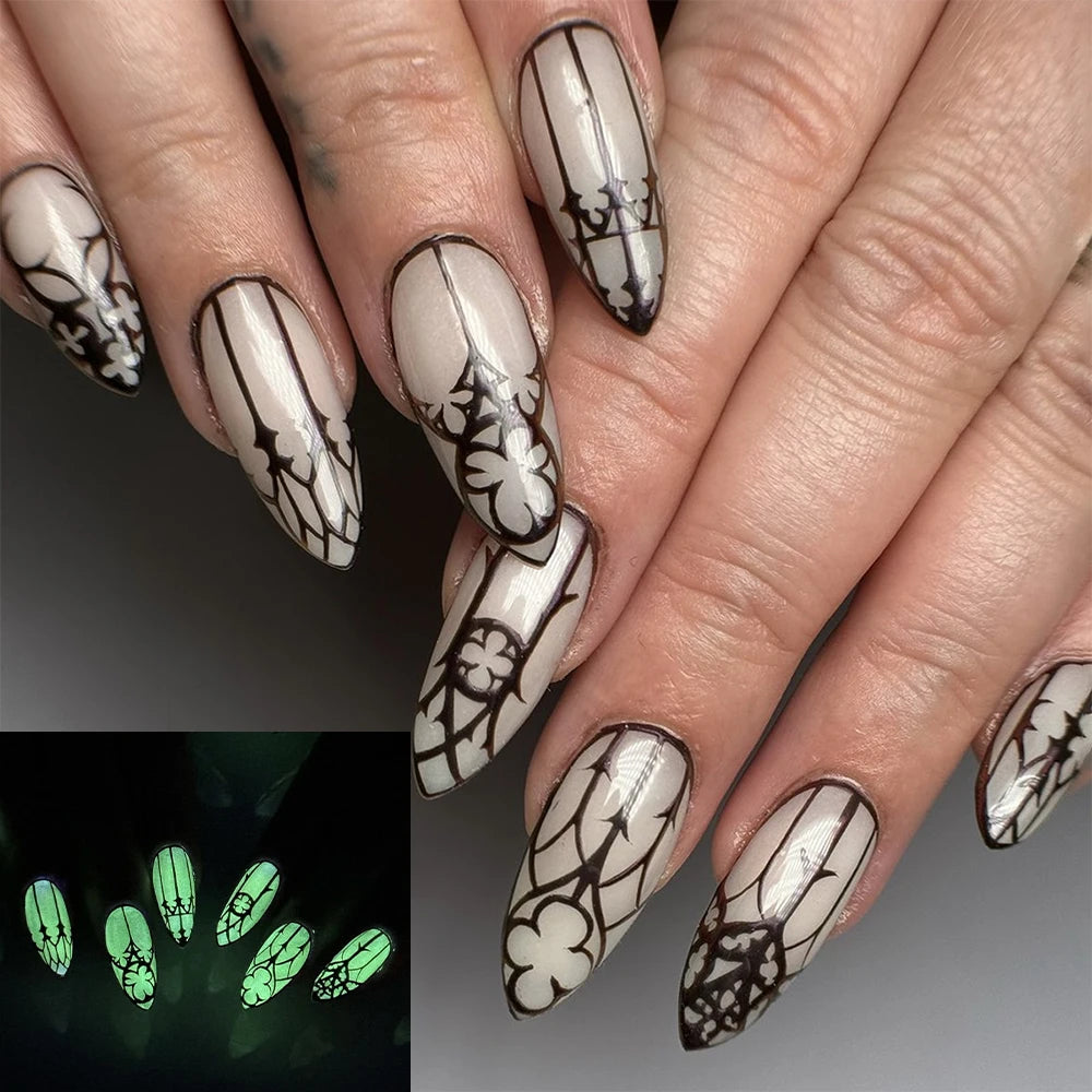 Black Cool Fake Nails Halloween Bat Press on Nails Almond Decorated Nail Tips Rivet Bow False Nails 24pcs Reusable Acrylic Nails 05