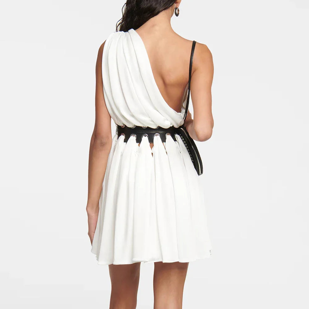 Patchwork Leather Chic Dresses For Women Diagonal Collar Sleeveless High Waist Hollow Out Mini Dress Female Style