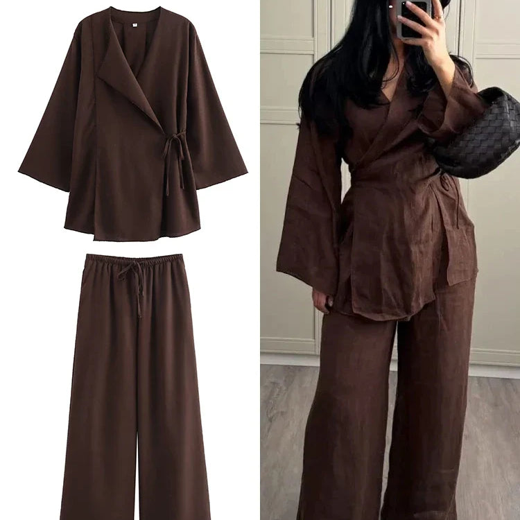 TRAF Fashion Linen 2 Pieces Women 2024 Spring Summer Kimono Style Loose Lace Up Shirts Tops Women's Wide Leg Pants Sets