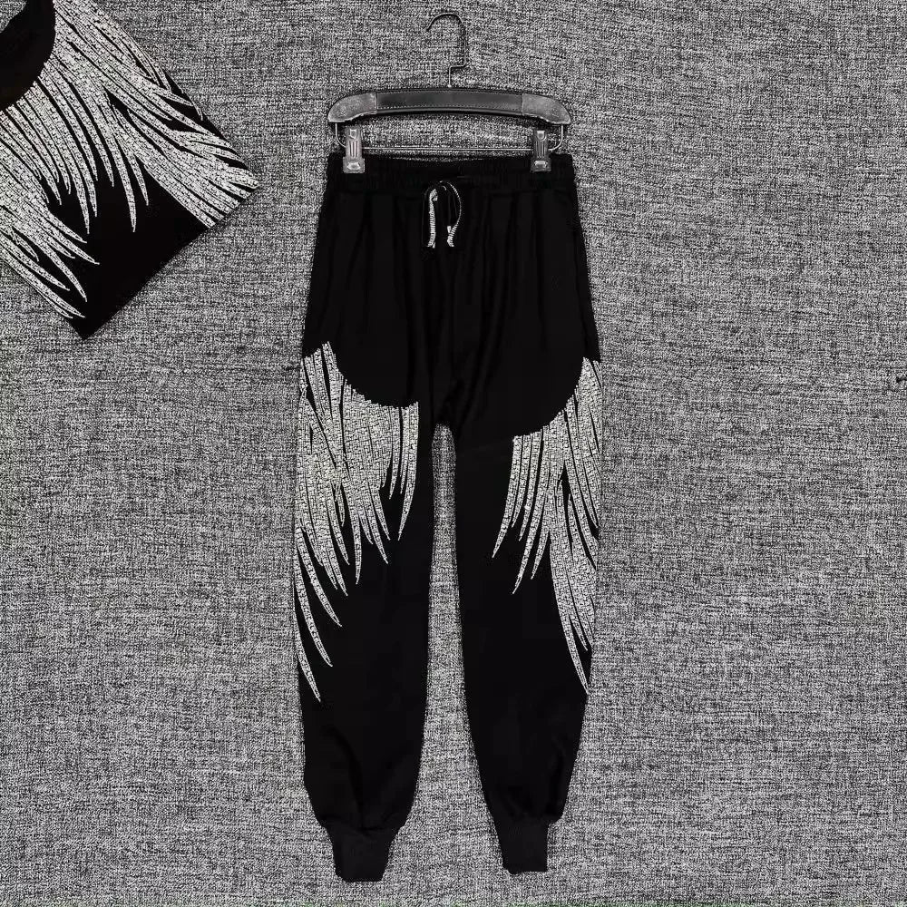 Oversized high-waisted nine-inch Harem pants summer new men's and women's tight-fitting heavy Rhinestone women's sportswear set