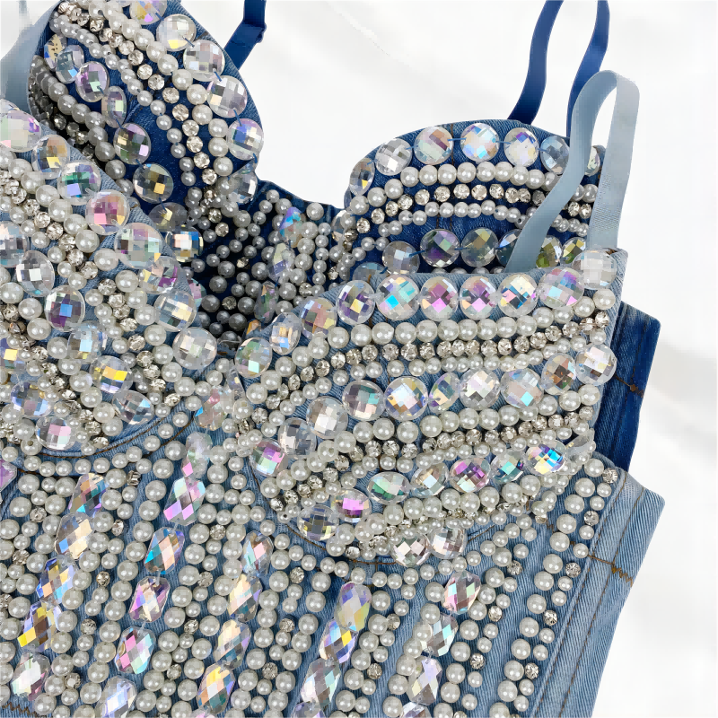 SXTHAENOO 2024 Women&#39;s Heavy Industry nailed beaded Diamond-Studded Sexy Crop Top Fashion Denim Sling Top Vset топ женский