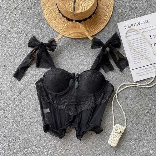 Bows Camisole Built in Bra Sweet Lace-up Lace Sheer Female Camis Tank Top Sleeveless Cropped Tops Sexy Women Clothes Dropship black One Size