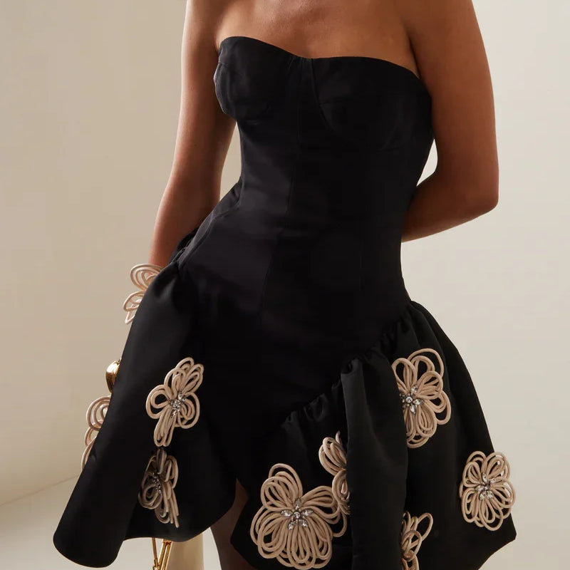 Black Color Women Sexy Strapless Florals Ball Gown Mini Bandage Dress Fashion Birthday Party Celebrate Evening Dress Vestido