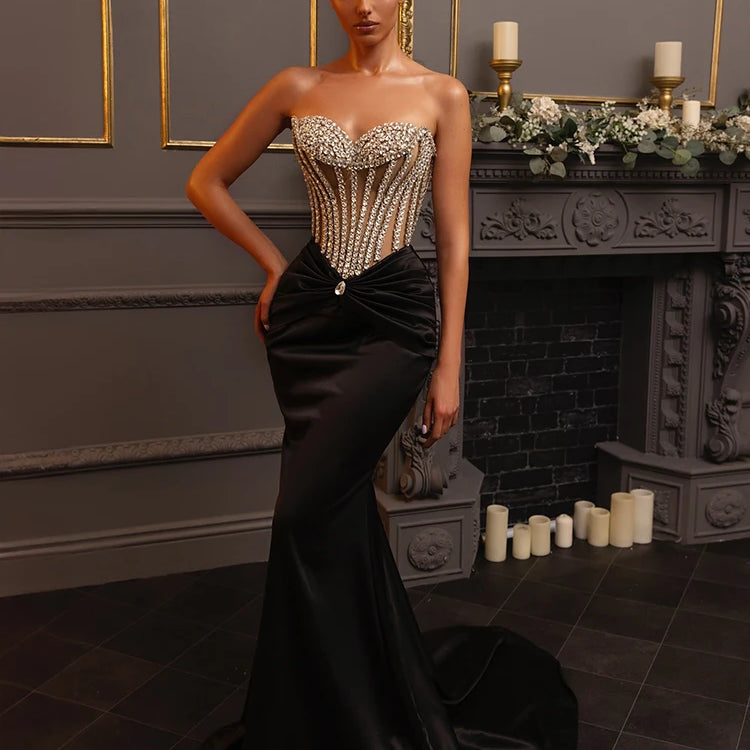Glimmer Trumpet Black Long Dress for Women Strapless Backless Crystals Velvet Celebrity Cocktail Party Evening Gown Vestidos