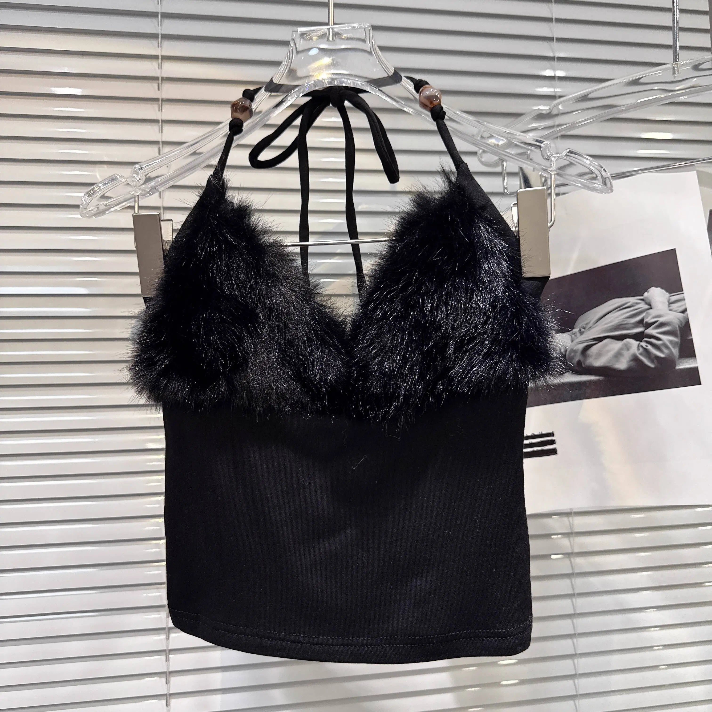 Winter New Elegant Fashion Fur Patchwork Backless Tie Halter Neck Camisole For Women Slim Fit Tank Top Female 11A07479 Black One Size