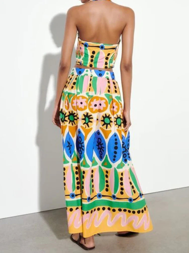 For Women Female Causal Halter Sleeveless Camisole Tops A-Line Mid-Calf Skirt TRAF Fashion Summer Print Skirt Sets