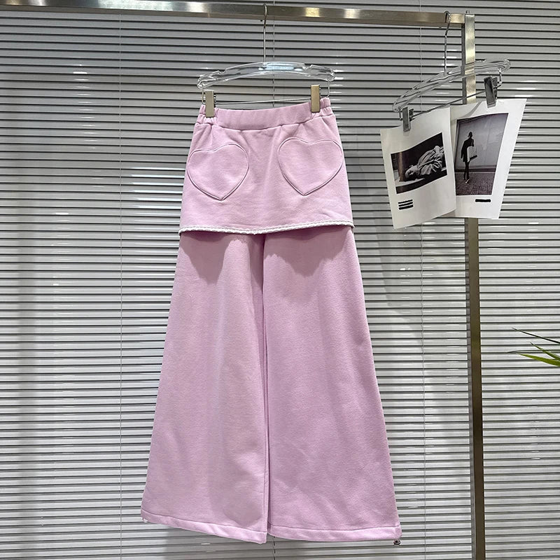 Winter New Sweet Furry Lined Hooded Sweatshirt For Women Elastic Waist Heart Pattern Fleece Long Casual Pants 11A07893 only Pants