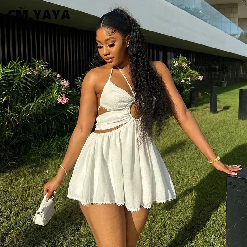 2024 Women Halter Strap Sleeveless Mini A-Line Dress Sexy Beading Backless Streetwear Evening Night Club Party Dresses