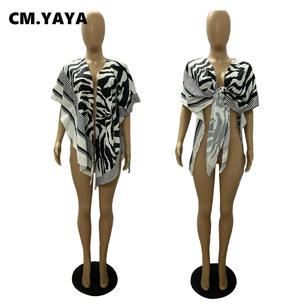 Elegant Zebra Striped Women 3d Printed Tie Up Open Stitched Batwing Sleeve Shirt Blouse Tops