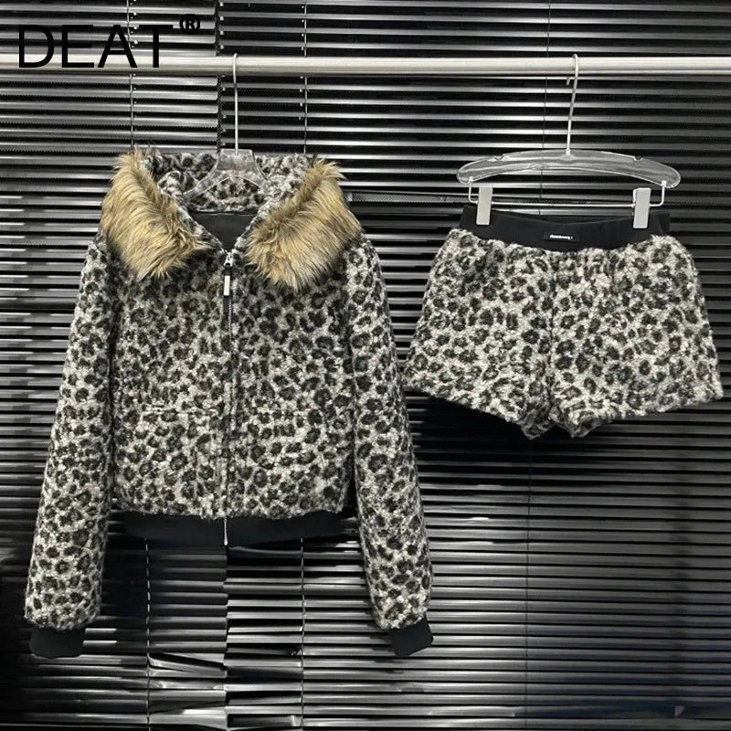 Winter New Leopard Print Lamb Wool Warm Short Coat For Women Elastic Waist Shorts Casual Long Pants Female 11A07616