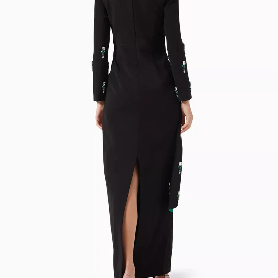 Colorblock Spliced Bead Luxurious Two Piece Sets for Women Square Neck Long Sleeves Top High Waist Skirt Set Female