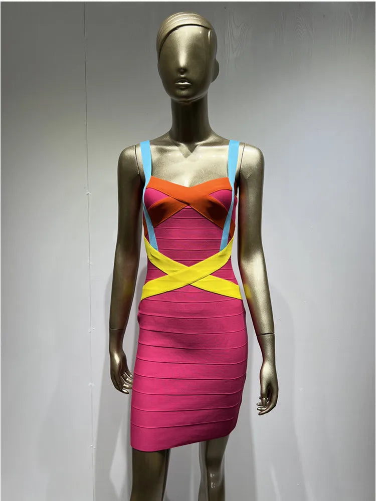 Women Summer Fashion Sexy Sleeveless Patchwork Bandage Dress 2022 Celebrity Designer Fashion Evening Party Club Dress Vestidos