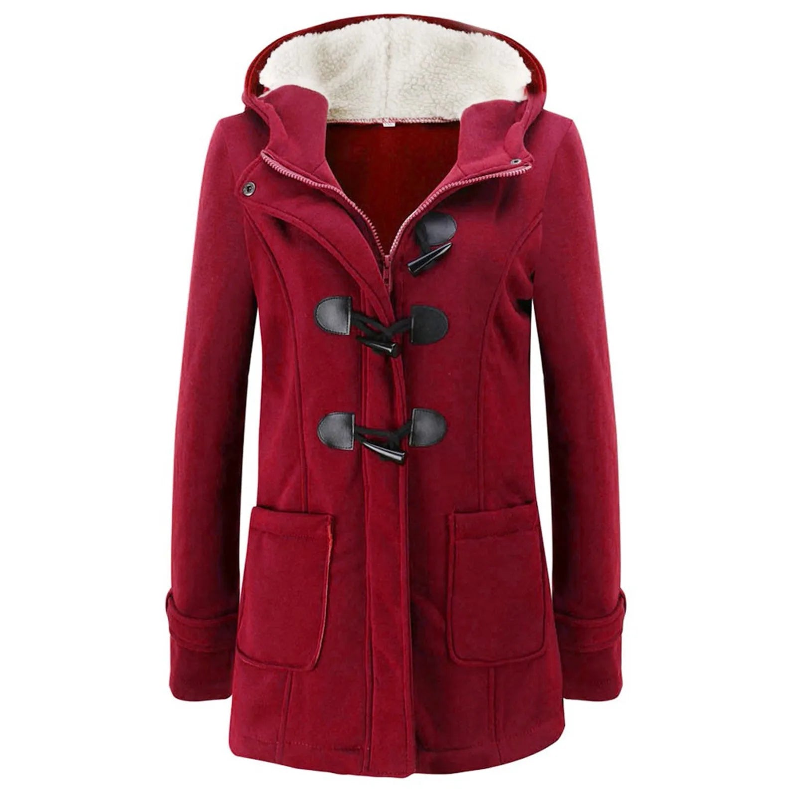 Womens Winter Coats Thicken Sherpa Lined Jacket Fashion Horn Button Hooded Outwear Warm Wool Blended Pea Coat Pockets Red