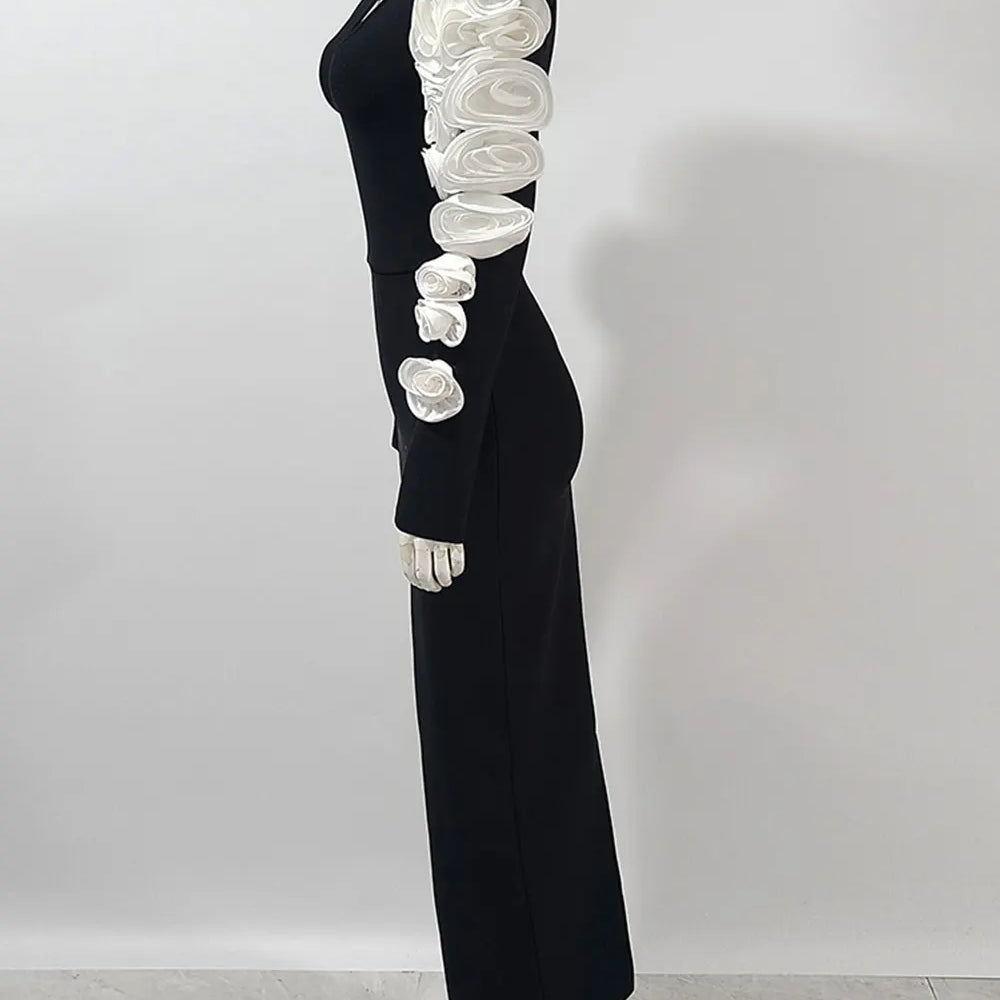 2025 Sexy Women's 3D Flower Decorative Bandage Dress with Diagonal Collar Long Sleeve Bodycon Split Length Dress Party Vestidos
